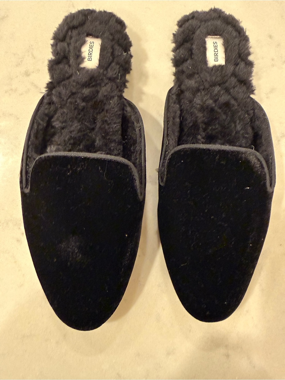 Birdies Women's Black Velvet Fur-Lined Slip-On Mules 8.5